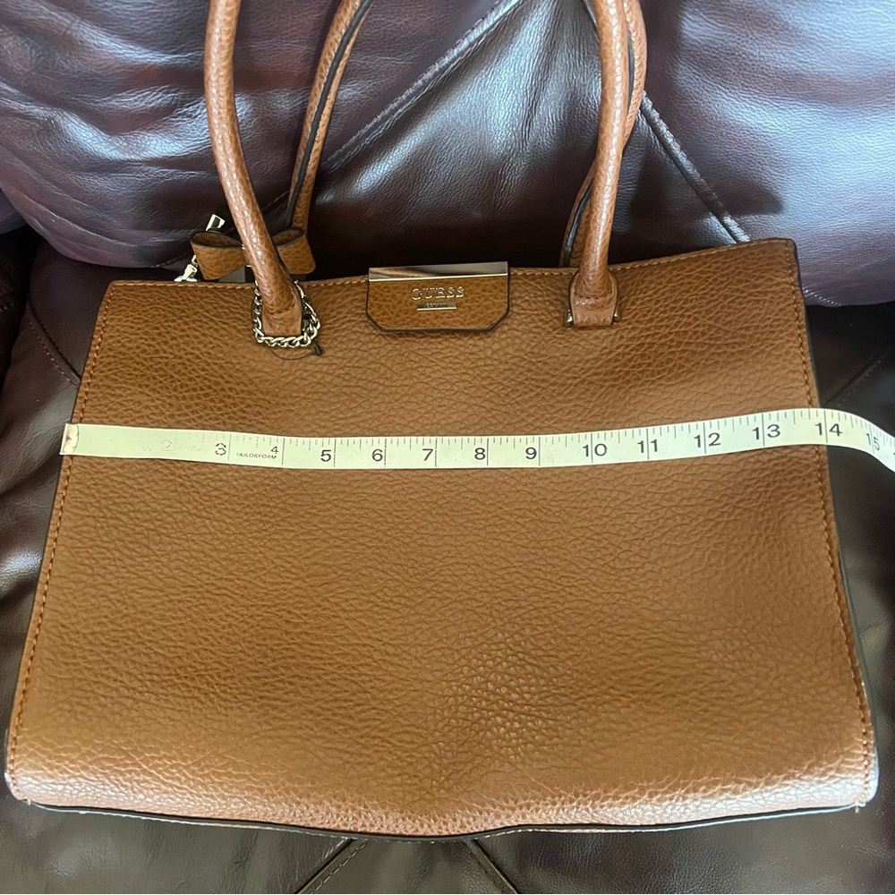 Guess Faux Leather Tan Rich Cognac Brown Structured Satchel Tote Bag - Picture 13 of 16